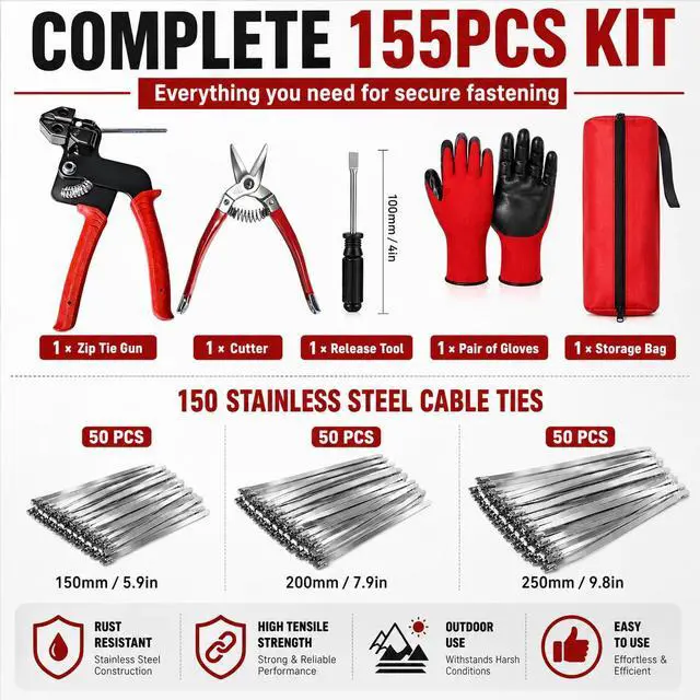 Alt view image 2 of 7 - 155 Piece Cable Tie Gun Kit with 150 Stainless Steel Zip Ties | 150 Locking Bands in 3 Sizes, Built-in Cutter, Safety Gloves, Storage Bag, Perfect for Farm Fences & Coops