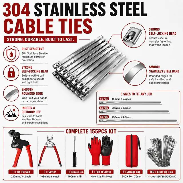 Alt view image 3 of 7 - 155 Piece Cable Tie Gun Kit with 150 Stainless Steel Zip Ties | 150 Locking Bands in 3 Sizes, Built-in Cutter, Safety Gloves, Storage Bag, Perfect for Farm Fences & Coops
