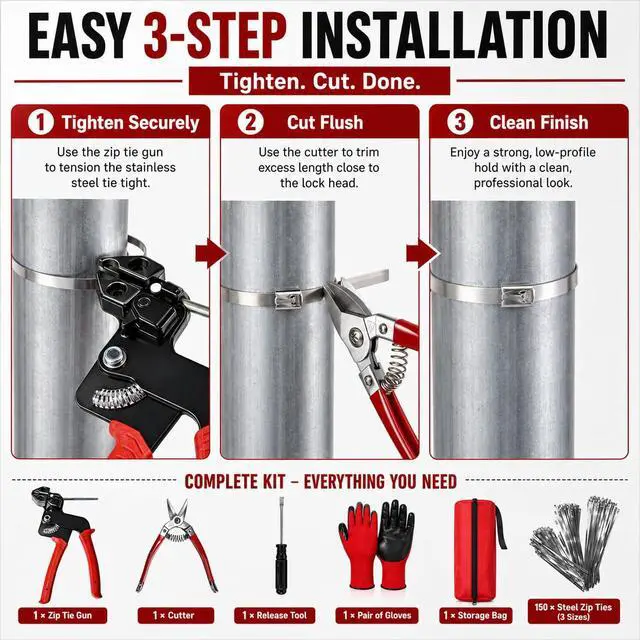 Alt view image 5 of 7 - 155 Piece Cable Tie Gun Kit with 150 Stainless Steel Zip Ties | 150 Locking Bands in 3 Sizes, Built-in Cutter, Safety Gloves, Storage Bag, Perfect for Farm Fences & Coops