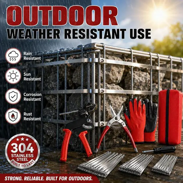Alt view image 4 of 7 - 155 Piece Cable Tie Gun Kit with 150 Stainless Steel Zip Ties | 150 Locking Bands in 3 Sizes, Built-in Cutter, Safety Gloves, Storage Bag, Perfect for Farm Fences & Coops