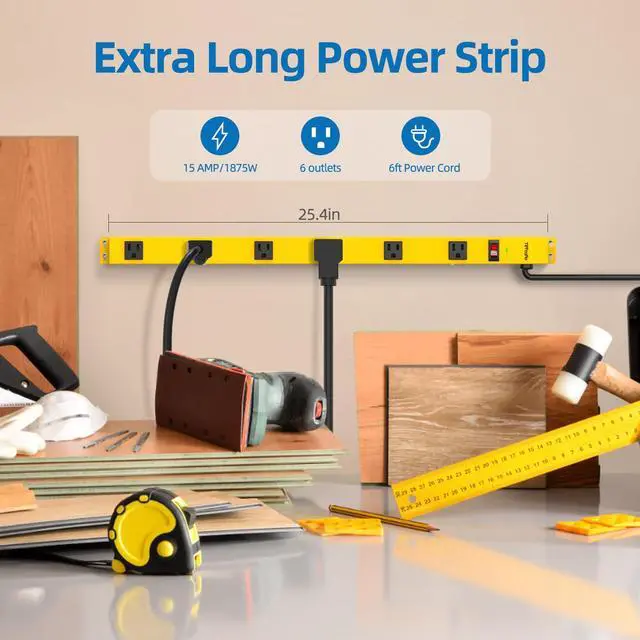 Alt view image 2 of 7 - Metal Power Strip, 6 Widely Space Outlets, Wall Mountable Power Strip Surge Protector, 6 FT Extension Cord,15A/1875W, ETL Listed