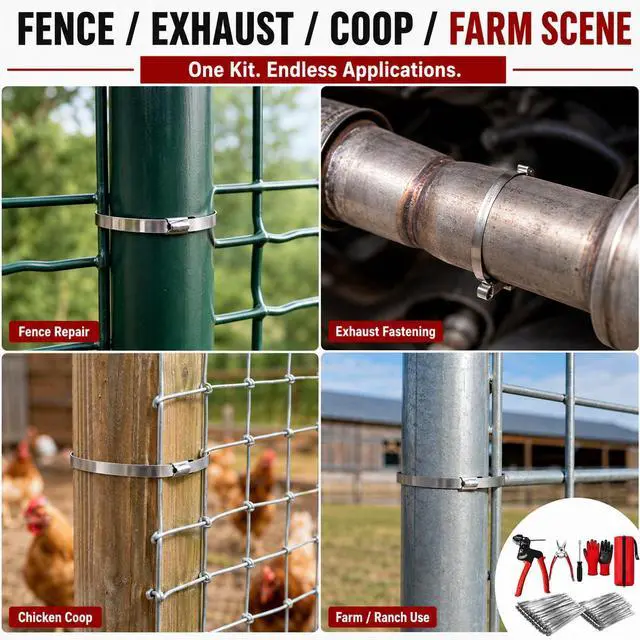 Alt view image 6 of 7 - 155 Piece Cable Tie Gun Kit with 150 Stainless Steel Zip Ties | 150 Locking Bands in 3 Sizes, Built-in Cutter, Safety Gloves, Storage Bag, Perfect for Farm Fences & Coops