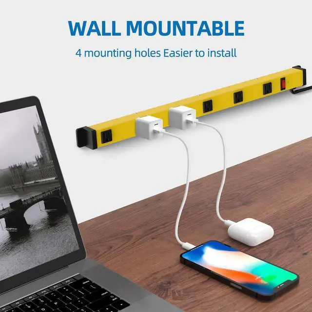 Alt view image 3 of 7 - Metal Power Strip, 6 Widely Space Outlets, Wall Mountable Power Strip Surge Protector, 6 FT Extension Cord,15A/1875W, ETL Listed
