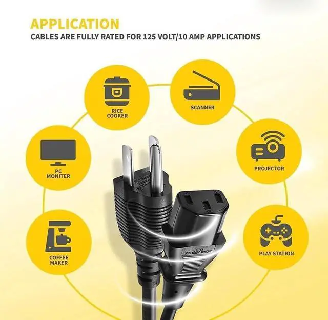Alt view image 3 of 5 - (6FT - 5PK) Universal Computer Monitor TV Replacement 3 Prong AC Power Cord - UL Approved, C13, 18 AWG, 125 Volts - Black (6 Feet - 5 Pack)