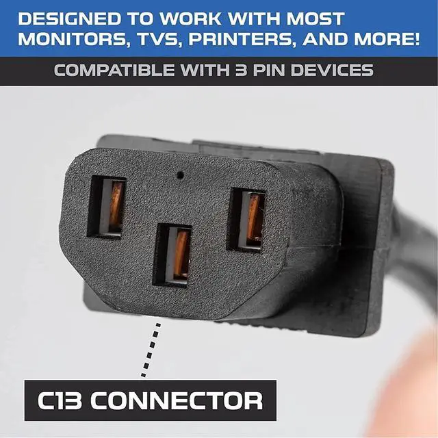 Alt view image 4 of 5 - (6FT - 5PK) Universal Computer Monitor TV Replacement 3 Prong AC Power Cord - UL Approved, C13, 18 AWG, 125 Volts - Black (6 Feet - 5 Pack)