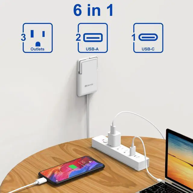 Alt view image 2 of 7 - 6ft Ultra Flat Plug Extension Cord Power Strip with Outlet Concealer - 3 AC Outlets & 3 USB Ports, 1650W Slim Desk & Wall Extender for Tight Spaces, Hide Messy Cords, White