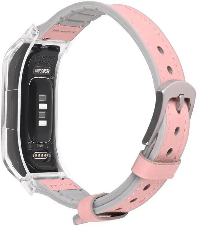 Main image of Leather & Silicone Mixed Strap Compatible with vivosmart 5 Replacement Watch band with New Transparent Case M/L