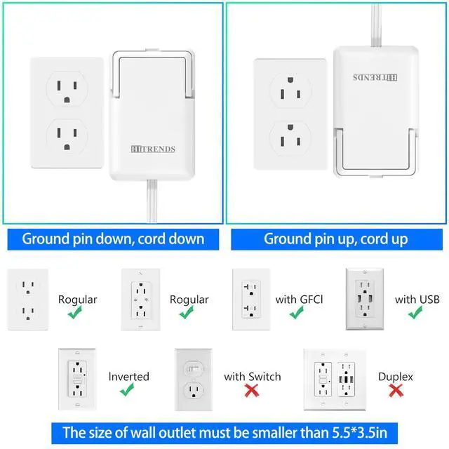 Alt view image 6 of 7 - 6ft Ultra Flat Plug Extension Cord Power Strip with Outlet Concealer - 3 AC Outlets & 3 USB Ports, 1650W Slim Desk & Wall Extender for Tight Spaces, Hide Messy Cords, White