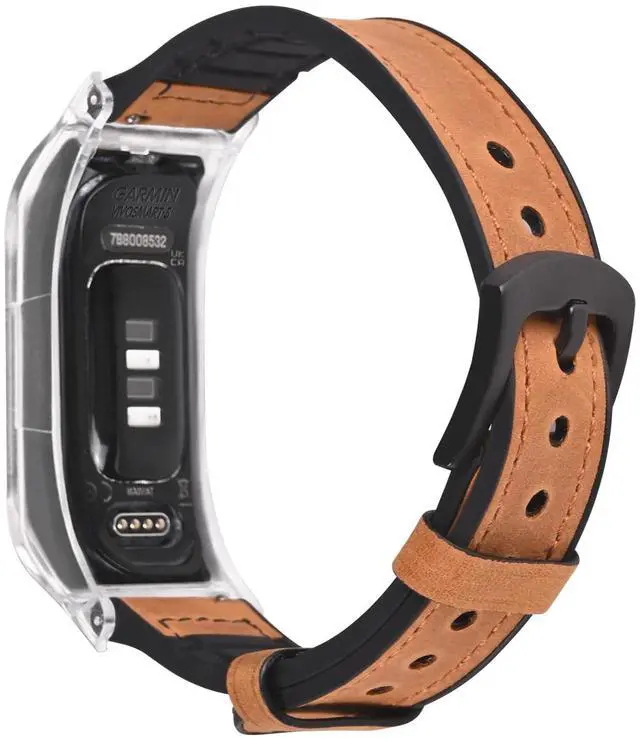 Main image of Leather & Silicone Mixed Strap Compatible with vivosmart 5 Replacement Watch band with New Transparent Case M/L