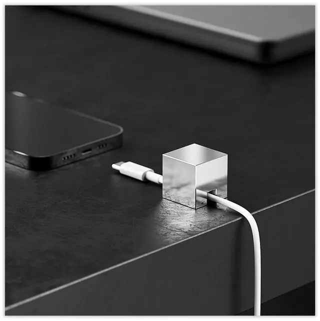 Main image of Metal Cord Holder, Weighted Cable Organizer or Management, Heavy Wire Keeper for Nightstand, Desk, Bedside Table - Cube Cords Strap for Lightning, USB-C Phone Charger Cables (Silver - 1 PCS)