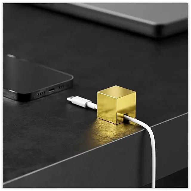 Main image of Metal Cord Holder, Weighted Cable Organizer or Management, Heavy Wire Keeper for Nightstand, Desk, Bedside Table - Cube Cords Strap for Lightning, USB-C Phone Charger Cables (Gold - 1 PCS)