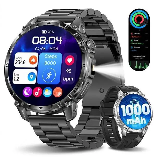 Main image of Military Smart Watch with Flashlight/100 Days Battery Life (2 Bands) | 100+ Sports Modes/1.7" Display/Heart Rate/Blood Oxygen/Sleep Monitor/IP68 Waterproof Fitness Tracker (Answer/Make Call)