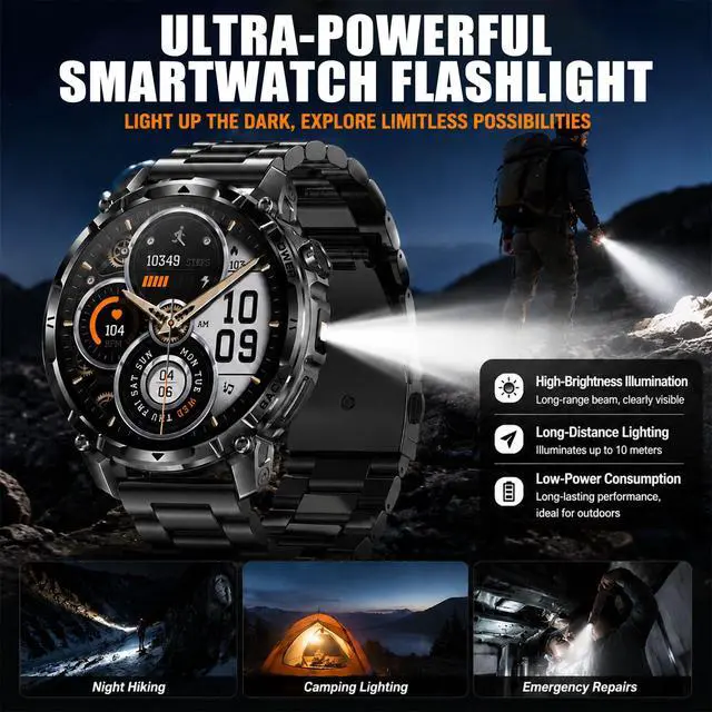 Alt view image 3 of 6 - Military Smart Watch with Flashlight/100 Days Battery Life (2 Bands) | 100+ Sports Modes/1.7" Display/Heart Rate/Blood Oxygen/Sleep Monitor/IP68 Waterproof Fitness Tracker (Answer/Make Call)