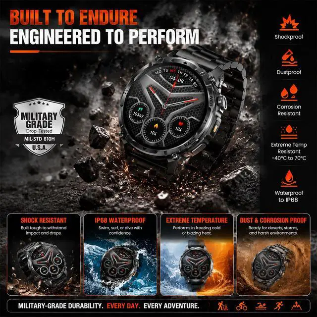Alt view image 2 of 6 - Military Smart Watch with Flashlight/100 Days Battery Life (2 Bands) | 100+ Sports Modes/1.7" Display/Heart Rate/Blood Oxygen/Sleep Monitor/IP68 Waterproof Fitness Tracker (Answer/Make Call)