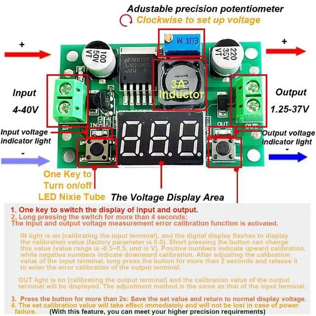 Alt view image 6 of 7 - 5 PCS LM2596 DC-DC Step Down Buck Power Convert Module, 4.0-40V Input to 1.25-37V Output Adjustable Voltage Regulator, Buck Converter with LED Voltmeter Display