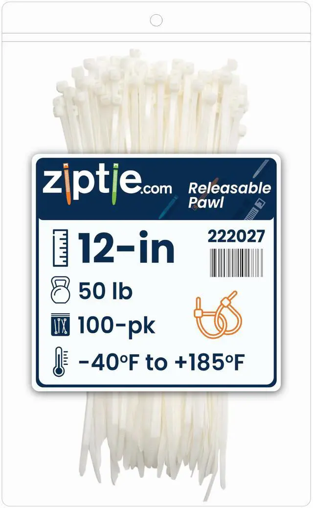 Main image of 12-Inch Natural Releasable Pawl Zip Ties - 50-lb Tensile Strength Cord Management - UL Listed Reusable Cable Ties - UL 21 Listed, UV Resistant, Indoor & Outdoor Multi-Purpose (100-Pack)