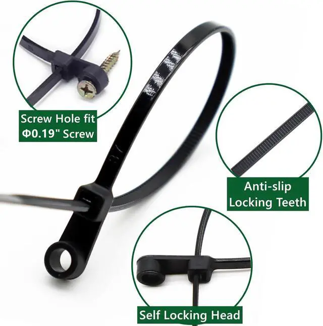 Alt view image 3 of 6 - 400pcs Zip Tie with Screw Hole, 6 inch Automotive Wire Self Locking Black Zip Ties Screw Zip Tie Mount (6")