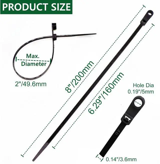 Alt view image 2 of 6 - 200pcs Zip Tie with Screw Hole, 8 inch Automotive Wire Self Locking Black Zip Ties, Screw Zip Tie Mount (8")