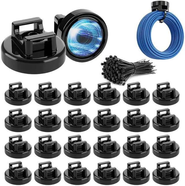 Main image of Magnetic Zip Tie Mount Wire Holder - 24 Magnetic Holders | 24 Cable Ties & Magnet Clips for Multipurpose Cable Management - Black Zip Tie Mounts for Home, Office & Electrical Wiring