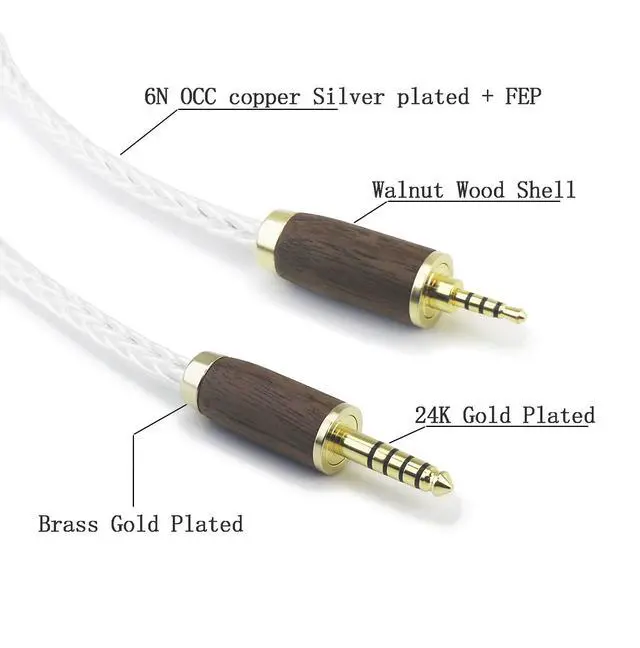 Alt view image 3 of 5 - 2.5mm Balanced Male to 4.4mm Balanced Male Headphone Audio Adapter Cable 8 Cores 6N OCC Copper Single Crystal Silver Plated Wire Walnut Wood Shell 2.5mm to 4.4mm 4.9ft