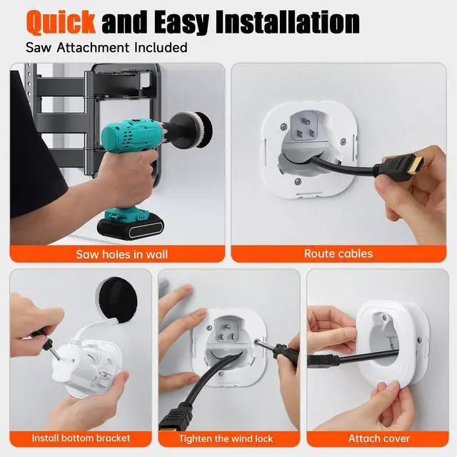Alt view image 5 of 6 - Wall Mounted TV Cord Hider White Wire Hiders for in-Wall Cable Management System, Power & Low Voltage Cable Management, Hole Saw Drill Attachment, Professional Installation for Clean Look