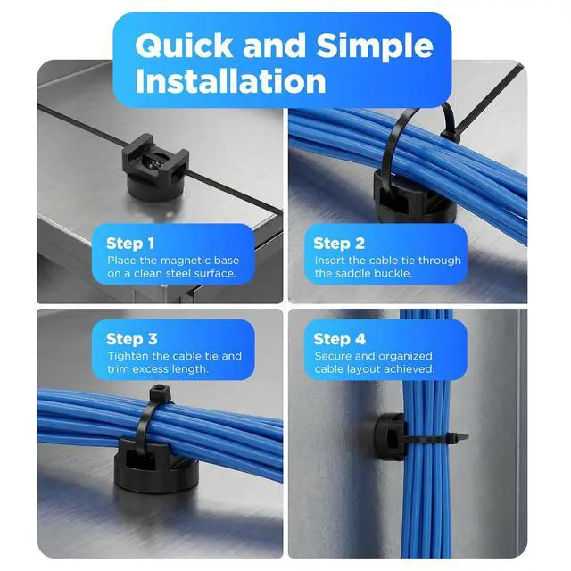 Alt view image 6 of 7 - Magnetic Zip Tie Mount Wire Holder - 24 Magnetic Holders | 24 Cable Ties & Magnet Clips for Multipurpose Cable Management - Black Zip Tie Mounts for Home, Office & Electrical Wiring