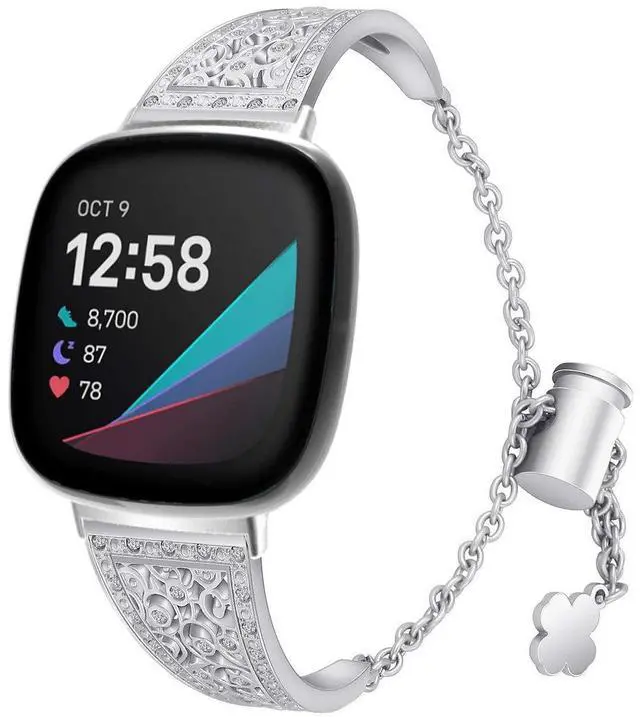 Main image of Compatible with Fitbit Versa 4/Versa 3/ Sense 2/Sense Band for Women, Replacement Bling Metal Strap Stainless Steel Metal Jewelry Bangle Wrist Strap Bracelet Rhinestone Accessories for Sense 2/Versa 4
