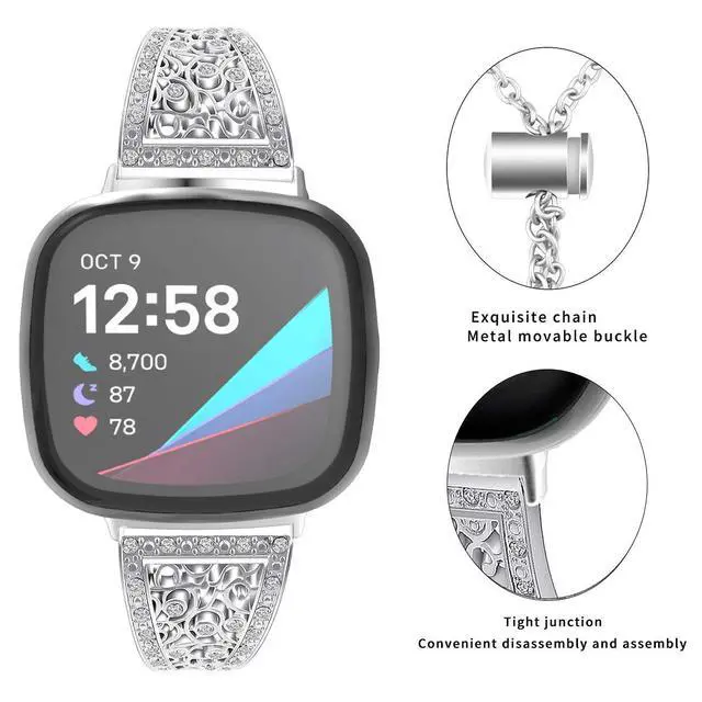 Alt view image 2 of 6 - Compatible with Fitbit Versa 4/Versa 3/ Sense 2/Sense Band for Women, Replacement Bling Metal Strap Stainless Steel Metal Jewelry Bangle Wrist Strap Bracelet Rhinestone Accessories for Sense 2/Versa 4