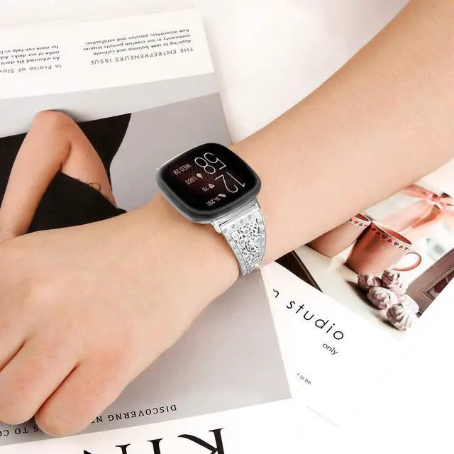 Alt view image 4 of 6 - Compatible with Fitbit Versa 4/Versa 3/ Sense 2/Sense Band for Women, Replacement Bling Metal Strap Stainless Steel Metal Jewelry Bangle Wrist Strap Bracelet Rhinestone Accessories for Sense 2/Versa 4