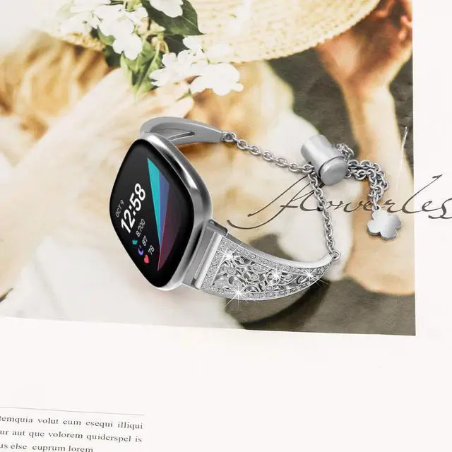 Alt view image 5 of 6 - Compatible with Fitbit Versa 4/Versa 3/ Sense 2/Sense Band for Women, Replacement Bling Metal Strap Stainless Steel Metal Jewelry Bangle Wrist Strap Bracelet Rhinestone Accessories for Sense 2/Versa 4