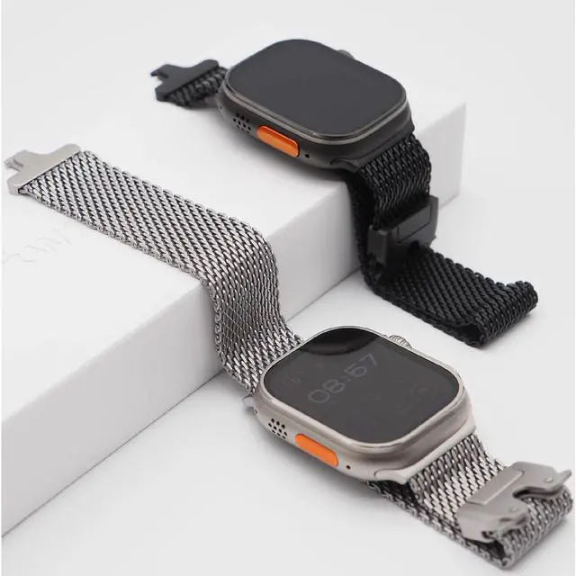 Alt view image 7 of 7 - Milanese Mesh Loop Compatible with Apple Watch Bands 49mm 46mm 45mm 44mm 42mm for Men Women, Pure Titanium Mesh Loop with Parachute-style Buckle for iWatch Ultra 2 Series 10 9 8 7 6 SE 5 4 3