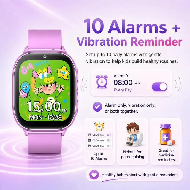 Alt view image 3 of 7 - Kids Smart Watch for Girls Boys Age 5-12, 10 Alarms and Vibration Reminder, App Location Check, 20 Puzzle Games HD Touch Screen Watch with Camera, Music Player, Pedometer, Flashlight, Gift (Purple)