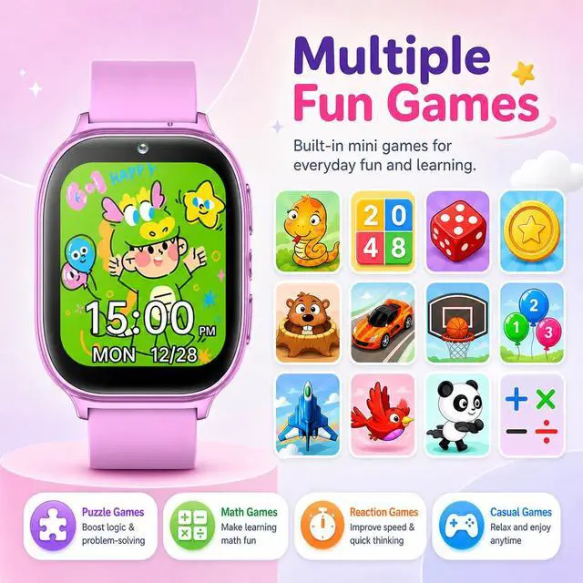 Alt view image 4 of 7 - Kids Smart Watch for Girls Boys Age 5-12, 10 Alarms and Vibration Reminder, App Location Check, 20 Puzzle Games HD Touch Screen Watch with Camera, Music Player, Pedometer, Flashlight, Gift (Purple)