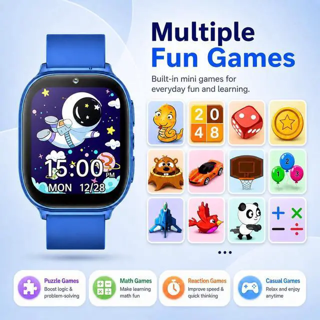 Alt view image 6 of 7 - Kids Smart Watch for Girls Boys Age 5-12, 10 Alarms and Vibration Reminder, App Location Check, 20 Puzzle Games HD Touch Screen Watch with Camera, Music Player, Pedometer, Flashlight, Gift(Blue)