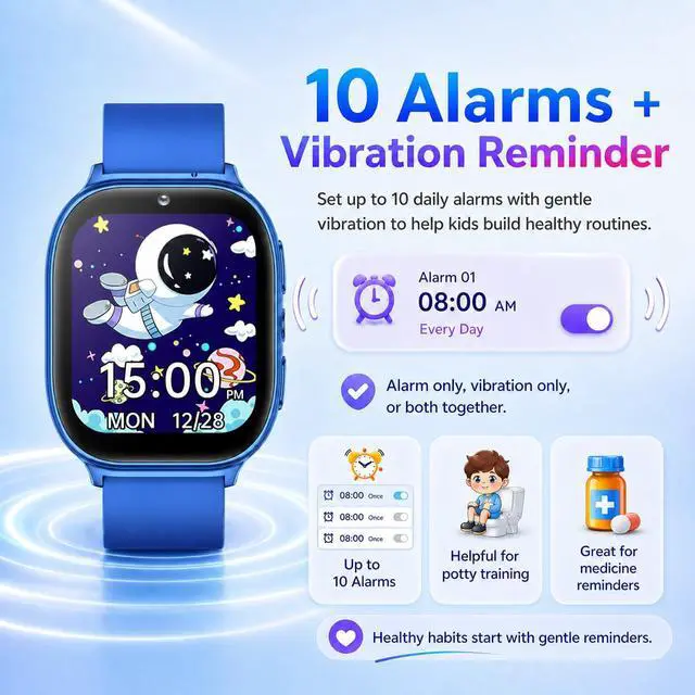 Alt view image 3 of 7 - Kids Smart Watch for Girls Boys Age 5-12, 10 Alarms and Vibration Reminder, App Location Check, 20 Puzzle Games HD Touch Screen Watch with Camera, Music Player, Pedometer, Flashlight, Gift(Blue)