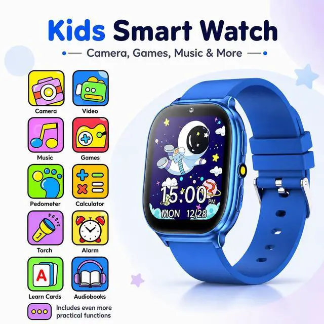 Alt view image 4 of 7 - Kids Smart Watch for Girls Boys Age 5-12, 10 Alarms and Vibration Reminder, App Location Check, 20 Puzzle Games HD Touch Screen Watch with Camera, Music Player, Pedometer, Flashlight, Gift(Blue)