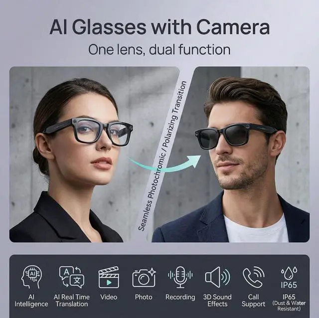 Alt view image 2 of 7 - AI Smart Glasses with Camera, 1080P HD POV First-Person View Video Recording and Translator, AI Object Recognition, Bluetooth Audio, 290mAh Battery, Photochromic Lenses for Sports, Travel, Work