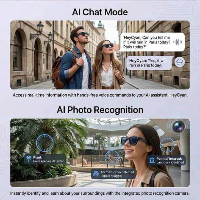 Alt view image 3 of 7 - AI Smart Glasses with Camera, 1080P HD POV First-Person View Video Recording and Translator, AI Object Recognition, Bluetooth Audio, 290mAh Battery, Photochromic Lenses for Sports, Travel, Work