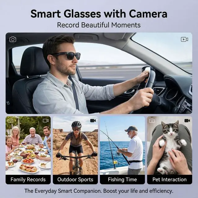 Alt view image 4 of 7 - AI Smart Glasses with Camera, 1080P HD POV First-Person View Video Recording and Translator, AI Object Recognition, Bluetooth Audio, 290mAh Battery, Photochromic Lenses for Sports, Travel, Work