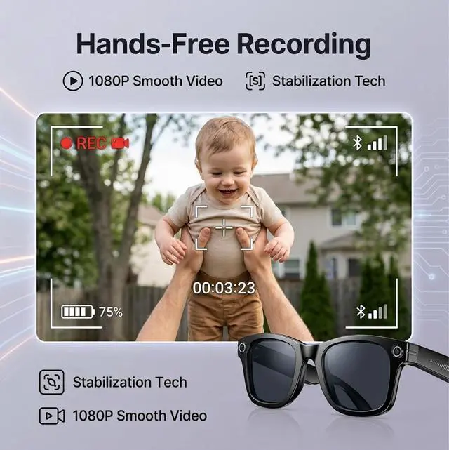 Alt view image 6 of 7 - AI Smart Glasses with Camera, 1080P HD POV First-Person View Video Recording and Translator, AI Object Recognition, Bluetooth Audio, 290mAh Battery, Photochromic Lenses for Sports, Travel, Work