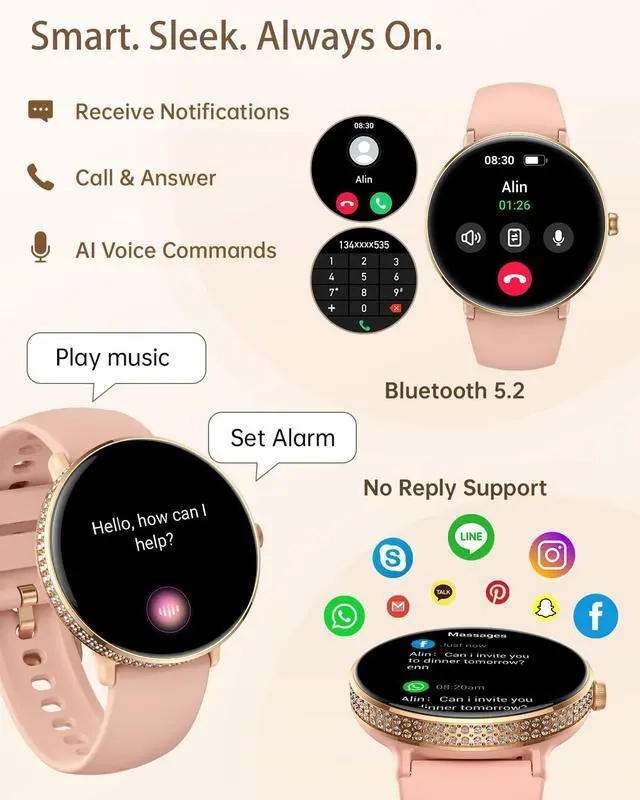 Alt view image 4 of 7 - 38mm AMOLED Smart Watches Fitness Tracker for Women Men Compatible with Android iPhone, Fit Watch with Step Counter, Sleep & Calorie Monitor, 110+ Sports, IP68 Waterproof, Bluetooth calls (Pink)