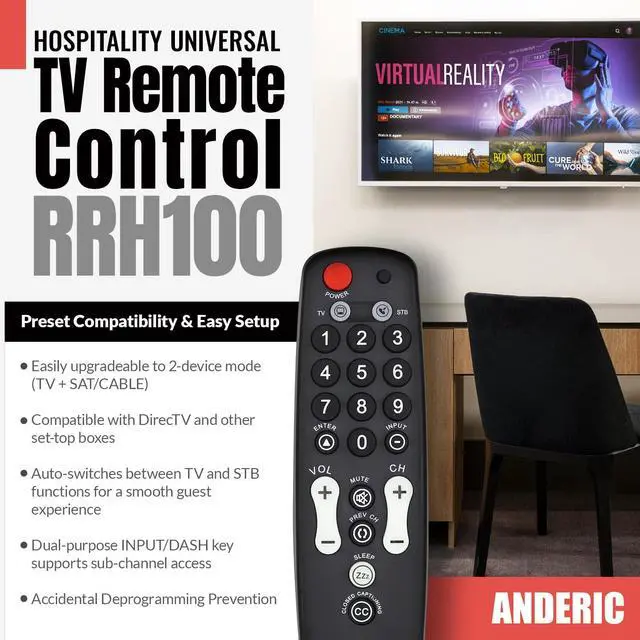 Alt view image 2 of 6 - Hospitality Universal TV Remote Control | 1-Device or 2-Device Modes - TV Only - Great for Seniors, Hospitality, Hotels, Motels, Resorts - Jumbo Keys RRH100