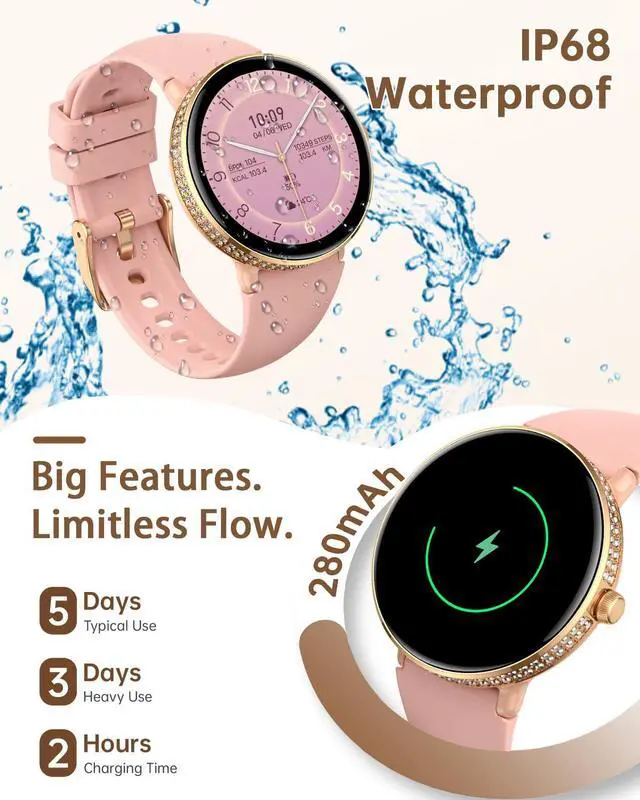 Alt view image 7 of 7 - 38mm AMOLED Smart Watches Fitness Tracker for Women Men Compatible with Android iPhone, Fit Watch with Step Counter, Sleep & Calorie Monitor, 110+ Sports, IP68 Waterproof, Bluetooth calls (Pink)