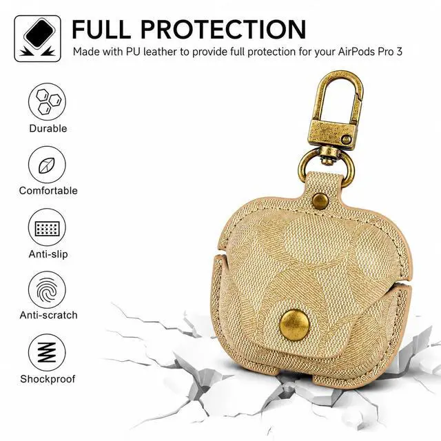 Alt view image 4 of 7 - Leather Case for AirPods Pro 3, Vintage Printed Cover with Metal Buckle(A) | Printed leather Metal buckle Snapbutton flip Shockabsorbing & dropproof Precise charging cutouts