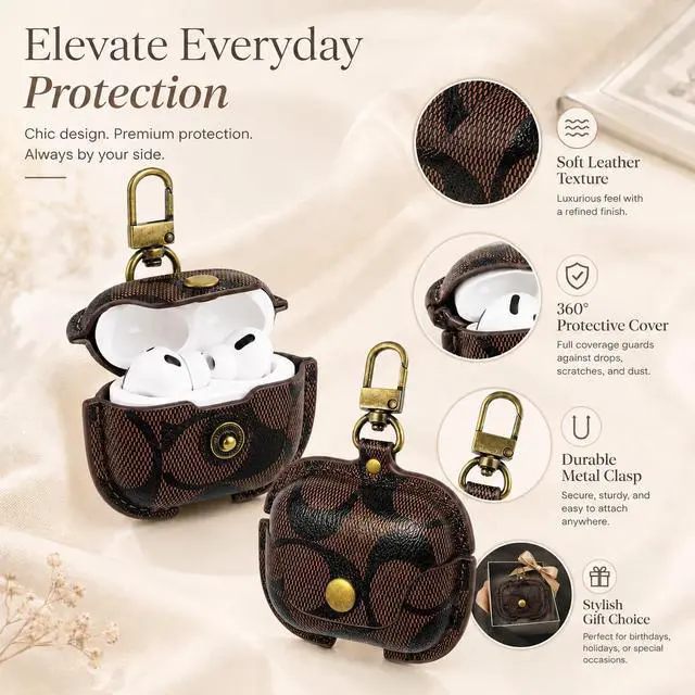 Alt view image 3 of 7 - Leather Case for AirPods Pro 3, Vintage Printed Cover with Metal Buckle(B) | Printed leather Metal buckle Snapbutton flip Shockabsorbing & dropproof Precise charging cutouts