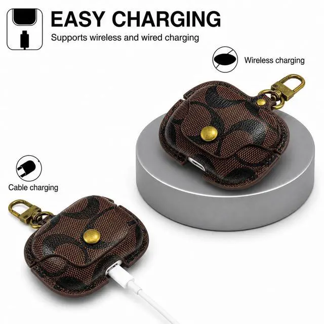 Alt view image 4 of 7 - Leather Case for AirPods Pro 3, Vintage Printed Cover with Metal Buckle(B) | Printed leather Metal buckle Snapbutton flip Shockabsorbing & dropproof Precise charging cutouts