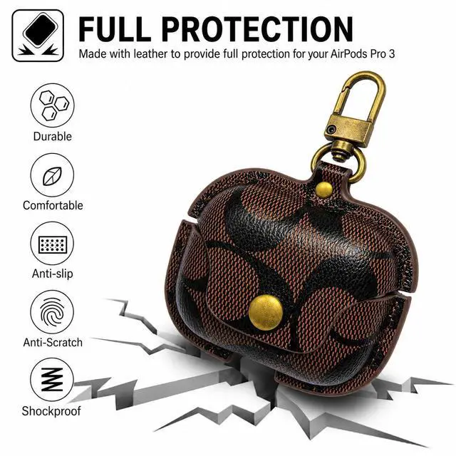Alt view image 5 of 7 - Leather Case for AirPods Pro 3, Vintage Printed Cover with Metal Buckle(B) | Printed leather Metal buckle Snapbutton flip Shockabsorbing & dropproof Precise charging cutouts