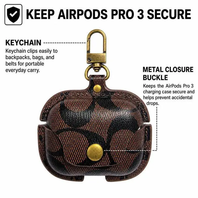 Alt view image 6 of 7 - Leather Case for AirPods Pro 3, Vintage Printed Cover with Metal Buckle(B) | Printed leather Metal buckle Snapbutton flip Shockabsorbing & dropproof Precise charging cutouts