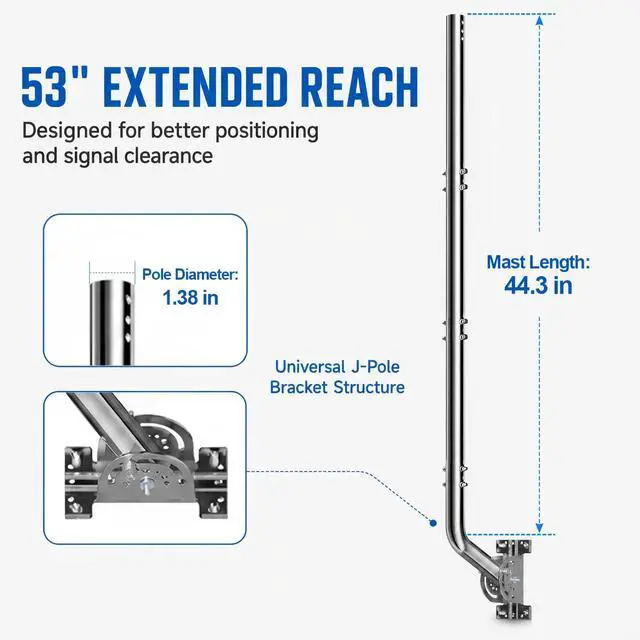 Alt view image 6 of 7 - Universal Heavy Duty 430 Stainless Steel Antenna Mount & Mast J-Pole Bracket for Outdoor Antennas, Starlink, Weather Stations, WiFi Extenders, 1.38" Diameter