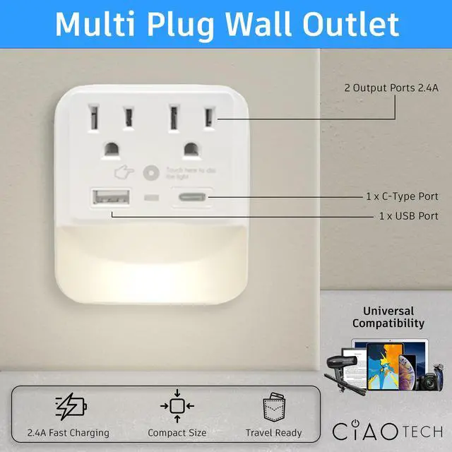 Alt view image 3 of 6 - 2 Outlet Extender with 1 USB-A & 1 USB-C with White Led Light - Multi Plug Outlet with 300 Joules Surge Protector - Multipurpose USB Outlet with 2.4A Fast Charging (White)